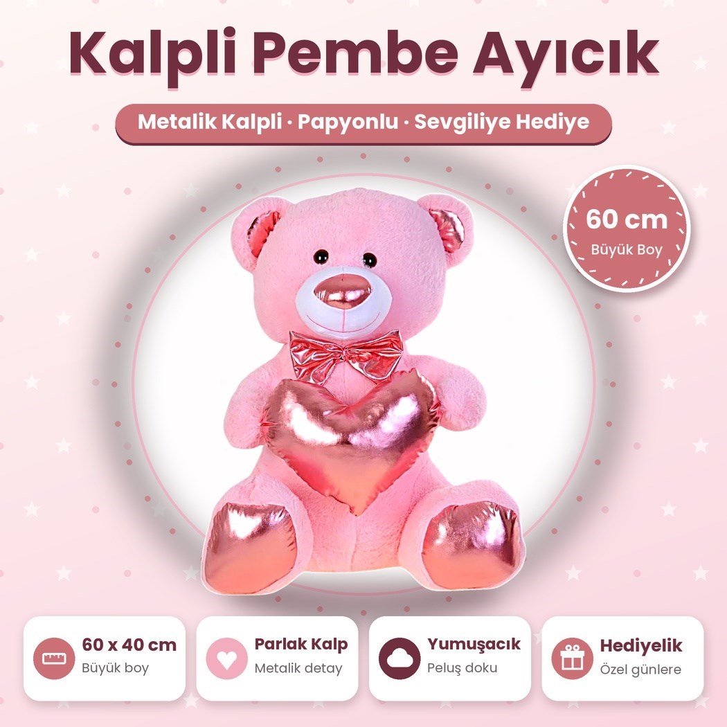 Pufu 04053 Peluş 60cm Parlak Kalpli Ayıcık
