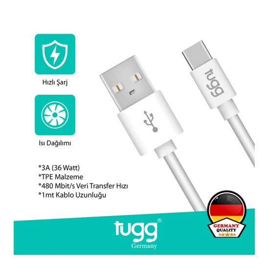 Tugg Germany Şarj Kablosu ve Veri Aktarımı Ultra Hızlı 60W 1 Mt Beyaz USB-Type-C